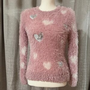 Girls Pink Fuzzy Heart Sequin Sweater